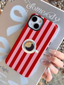 1pc Retro Oil Painting Striped Coffee Pattern Glossy 2-In-1 Filmic Hard Phone Case Compatible With Samsung/Compatible With IPhone 11/12/13/14/15/16/17 Pro Max - Multicolor - View 4