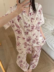 Set 2 pcs Baju Tidur Wanita Lengan Pendek Berkerah, Motif Bunga Berenda Warna Burgundy, Cocok untuk Pakaian Luar - Burgundy - View 7
