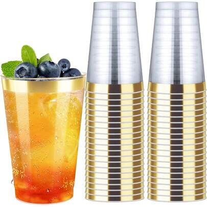 20pcs Transparent Crystal Gold Plastic Cups - 7oz (Approx. 200ml) Crystal Clear Cups Suitable For Juice And Cold Drinks, Wedding And Party Cups