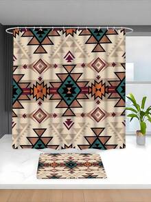 1/4 Piece Brown And Green Pattern Bohemian Thanksgiving Autumn Waterproof Polyester Fabric Shower Curtain, Walk-In Shower Curtain With 12 Hooks, Bathroom Non-Slip Mat, Toilet Seat Cover And U-Shaped Pad - A - View 3