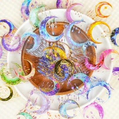 56 Pcs New Colorful Tassel Crescent Moon Stickers - Transparent PET Healing Aesthetic Waterproof Decor For Journals & DIY Crafts