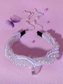 1件优雅珍珠水晶流苏发箍，简约串珠头饰，配有可拆卸流苏，适合新娘、婚礼、庆典、派对、日常休闲佩戴 - 白色 - 查看 4