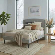 Allewie Modern Full/Queen/King Size Plush Teddy Fabric Bed Frame, Curved Upholstered Headboard, Easy Setup, Reinforced Durable Metal Frame, Under Bed Storage, No Box Spring Required, Gray - Xám - Xem 2