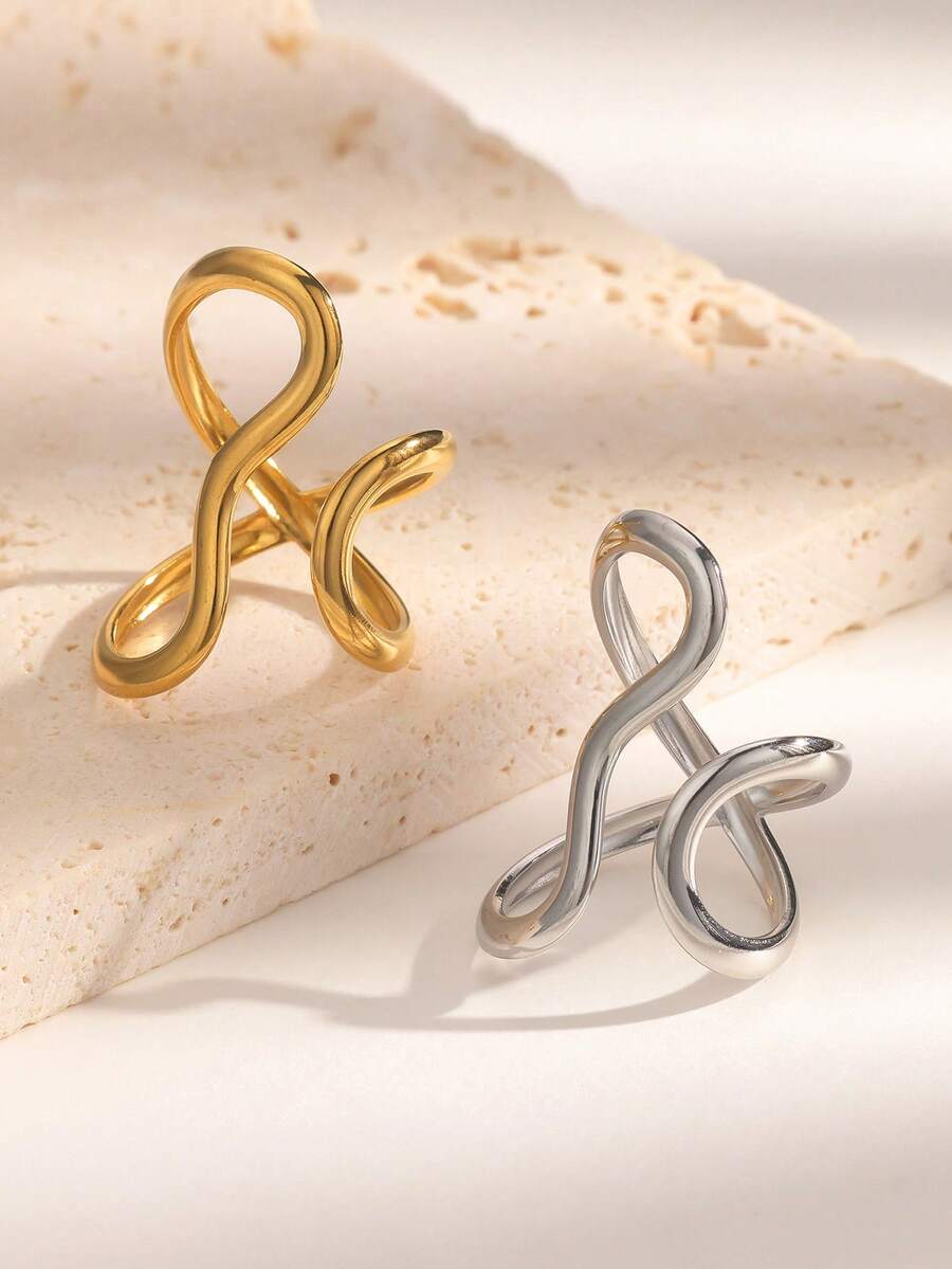 1pc Fashionable INS Personalized Exaggerated Niche Minimalist Chic Versatile High-Quality Plated Stainless Steel Asymmetrical Geometric Line Open Ring, Suitable For Women's Daily, Party, And Date Wear - Open Ring - View 1