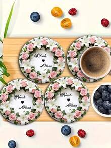 1/2/4/6/10 Pc Personalized Custom Names: Handmade Round Wooden Coasters, Wedding Coasters | Custom Name Wreath Design, Ideal For Weddings, Table Decorations, Wedding Favors, Gifts, And Valentine's Day Decorations - Beige - View 13