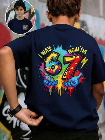 Tween Boy Colorful Paint "I WAS 6, NOW I'M 7" Creative 67 Print, Suitable For Activities, Daily Wear, Party, Birthday Gift For Tween Boy, Birthday Party , Ideal Gift For Birthday Celebration, Fashionable Tween Boy Summer Top