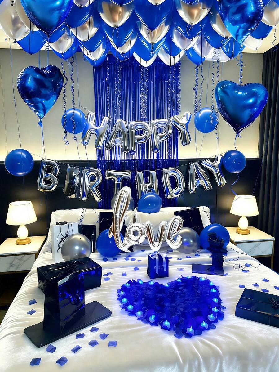 551pcs Blue & Silver Birthday Balloon Kit, 500pcs Non-Woven Fabric Petals, Happy Birthday Banner Letters + Heart Foil Balloons, Dark Aesthetic Party Backdrop, Suitable For Romantic Bedroom Decor, Midnight Surprise Birthday Party Decoration