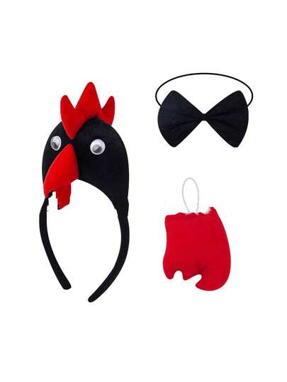 3件套节日主题小鸡服装套装，包括小鸡头饰、领结和尾巴。适用于各种节日、派对、聚会、舞会、舞台表演以及其他需要配饰的场合。多种颜色可选。