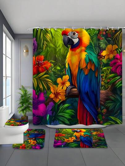 1/4 Pcs Jungle Shower Curtain Set, Parrot & Tropical Floral Pattern Decorative Shower Curtain, Waterproof Mildew-Resistant Polyester Shower Curtain Set With 12 Hooks, Non-Slip Mat, U-Shaped Mat And Round Toilet Lid Cover