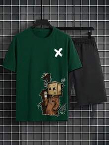 Simple Studio | 男士夏季休闲圆领短袖T恤和抽绳腰短裤套装 - 墨綠色 - 查看 2