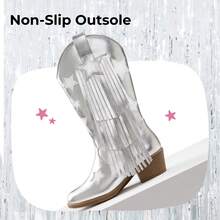 Girls Cowgirl Boots Pointed Toe Stars Tassel Western Cowboy Boots For Riding Vintage Fringe Platform Shoes - 銀色 - 查看 5