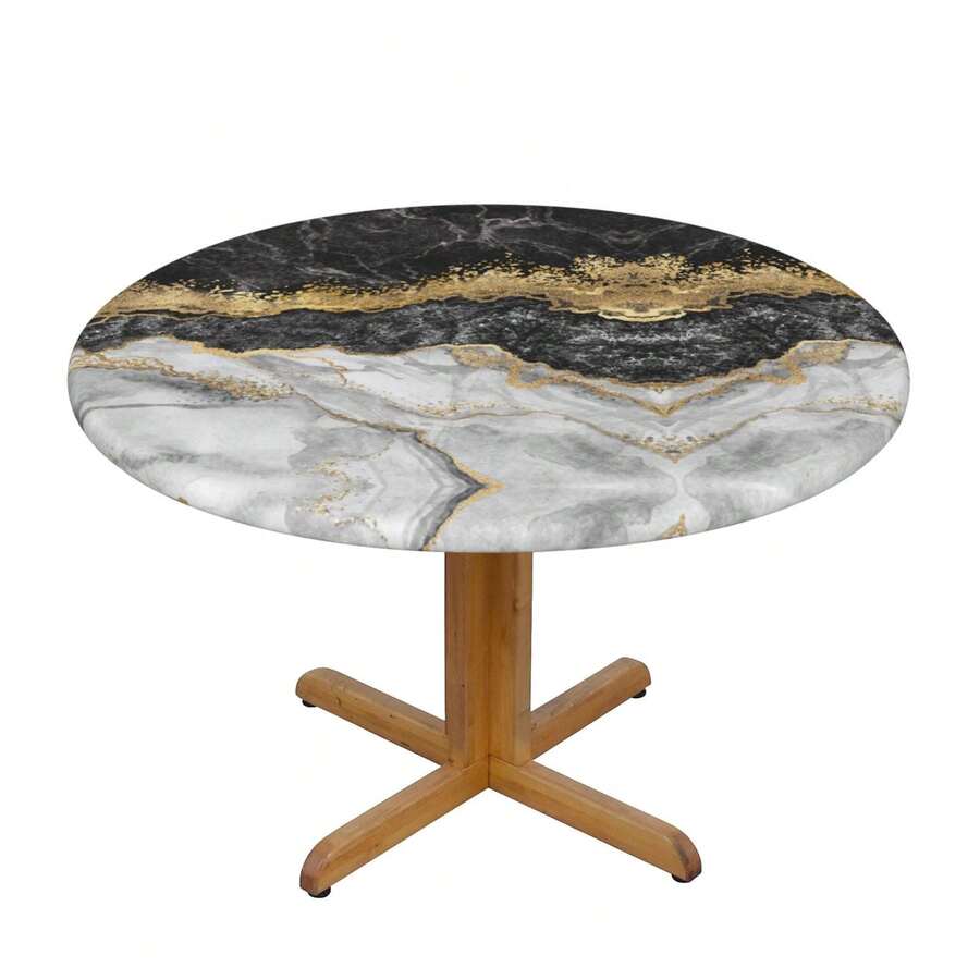 Marble Round Fitted Tablecloth With Elastic Edged, Circle Tablecover Waterproof Household Table Cover For Outdoor Indoor Patio Kitchen,Home Kitchen Dining Camping Table Decor 40~50 In - Marble Gold Leaf - 查看 1