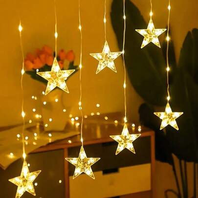 1串经典星形LED灯串 | 暖白/彩色，电池供电，适用于室内客厅、室外花园、露台、露营、圣诞节、万圣节、斋月、婚礼、生日派对装饰；星形帘幕灯串