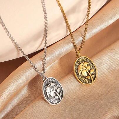 1pc Exquisite & Fashionable Women's Copper High-Color Retention Embossed Floral Necklace, Delicate Women Necklace