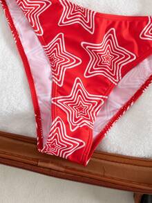 2 Pieces Red Star Print Bikini Set For Women, Backless With Adjustable Shoulder Straps, Ideal For Beach Vacations And Photo Shoots Summer - Multicolor - View 8