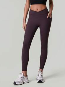 女士交叉腰带口袋瑜伽裤，收腹运动跑步瑜伽紧身裤 - 紫色 - 查看 6