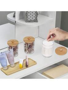 3M 3 PiecesAcrylic Qtip Dispenser Set With Bamboo Lids - Clear Plastic Cotton Swab, Pad Organizer Containers, Independent, With Bonus Rectangular Bamboo Tray - Multicolor - View 7