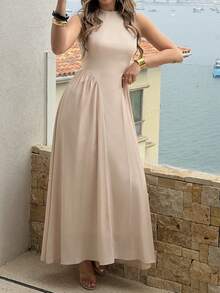 Đầm Unadoll dành cho nữ, cổ tròn, không tay, khóa kéo sau lưng, thiết kế xếp ly, thích hợp cho kỳ nghỉ, hẹn hò, sinh nhật, tiệc tùng và lễ hội mùa xuân. - Màu be - Xem 6