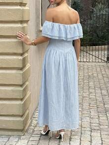 Unadoll 女士夏季性感单肩褶皱拉链设计优雅连衣裙，适合度假、约会、旅行、外出、生日、情人节等场合。 - 藍色 - 查看 8