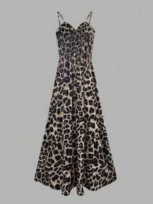 Women's Leopard Print Sleeveless Backless High Waist Dress, Elegant - Khaki - View 3