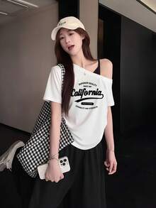 女士宽松白色短袖T恤，简约设计，夏季新款休闲款 - 白色 - 查看 3