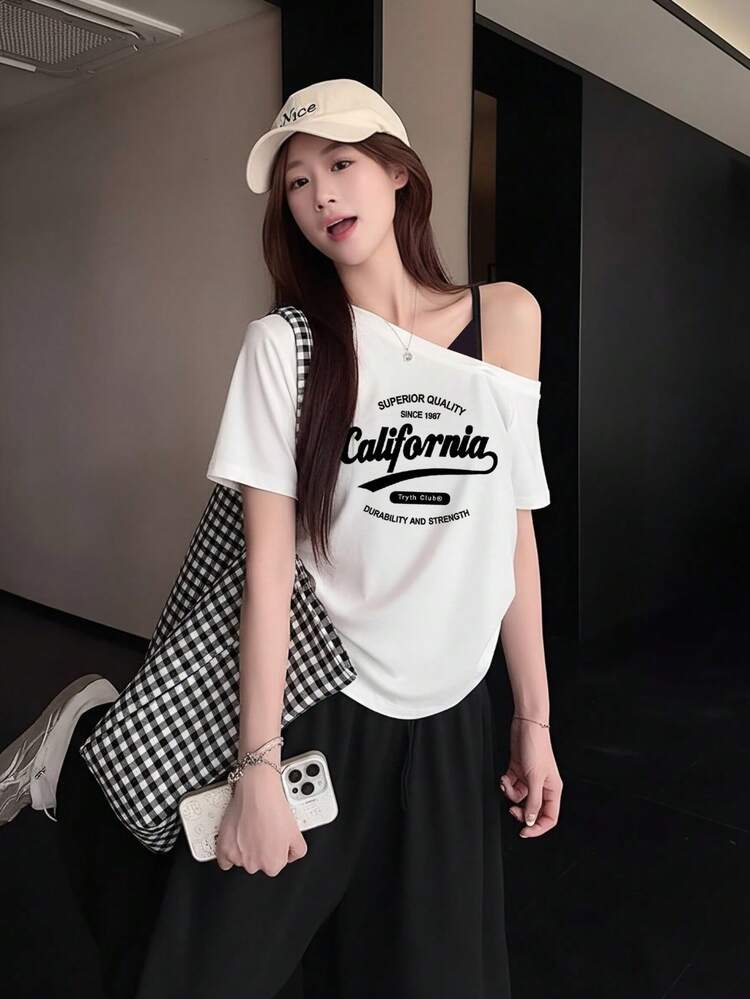 女士宽松白色短袖T恤，简约设计，夏季新款休闲款 - 白色 - 查看 3