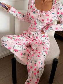 SANRIO Bộ đồ ngủ nữ 2 món họa tiết Hello Kitty, áo dài tay và quần dài mềm mại, đồ mặc nhà thoải mái, phù hợp mọi mùa. - Hồng - Xem 2