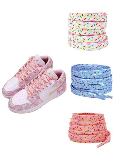 1 Pair Fashion Colorful Ice Cream Dots Printed Shoelaces, Sweet Cute Cartoon Pattern Flowing Shoe Laces, High-Quality Durable Unisex Laces For Men And Women, Matching Style Sports Shoe Accessories, Perfect For Sneakers, Canvas Shoes, Casual Shoes & Daily Streetwear, Ideal Spring Summer Fashion Essentials & Lovely Gift Choice