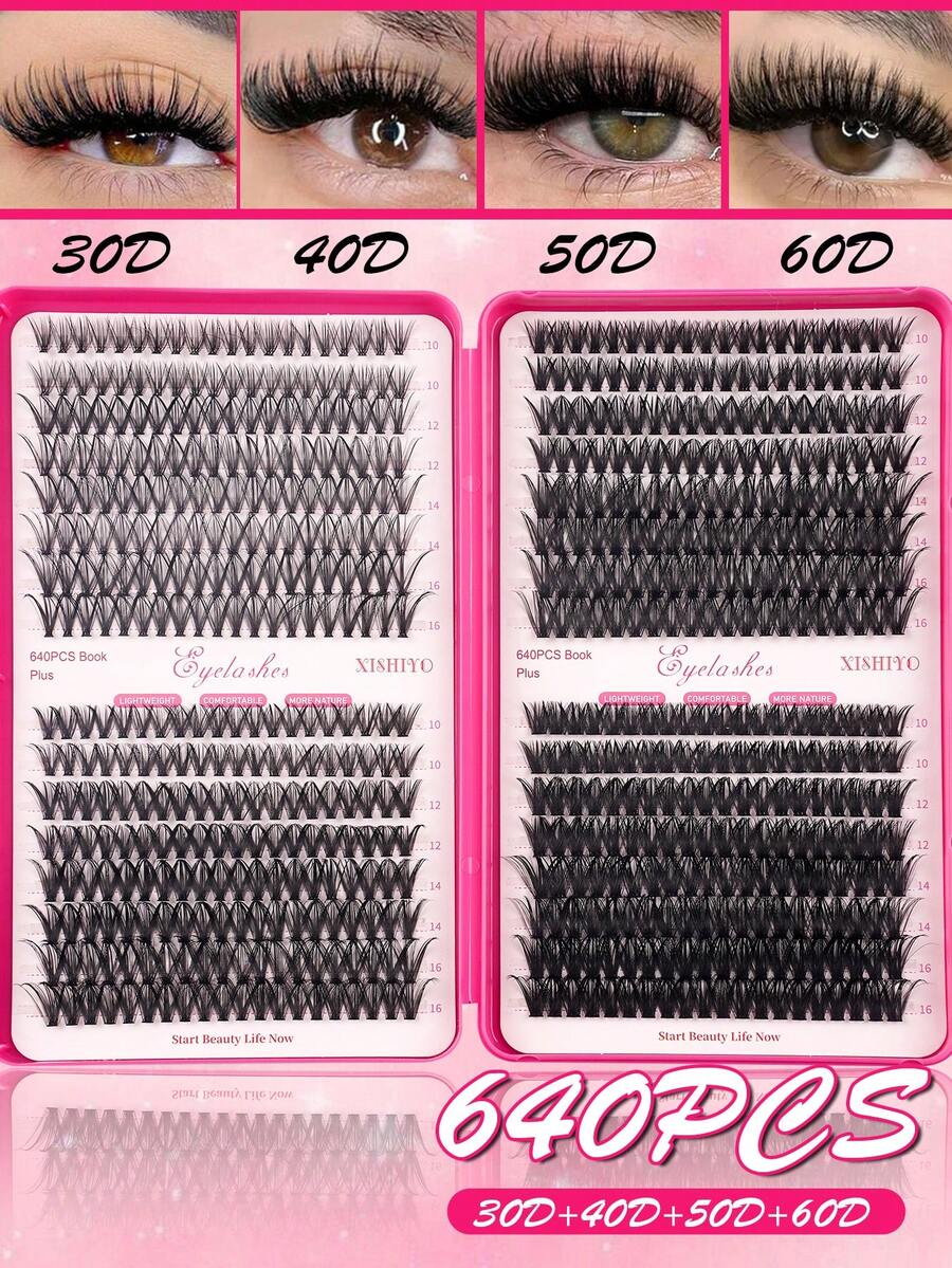 640pcs Cluster False Eyelashes, Thick Curly Lash Extension Set, D-Curl, 8-16mm Mixed Length, DIY Lash Extension Kit, DIY Lower Lash Extension Tutorial, Fluffy Soft Individual Lashes, Create Voluminous Natural Y2K Butterfly Makeup Effect, Soft Natural Lash Look, High Capacity, Fluffy False Lashes Set, Large Capacity Lash Book, Suitable For Beginners, Multiple Lash Combinations, Meet Different Eye Makeup Needs