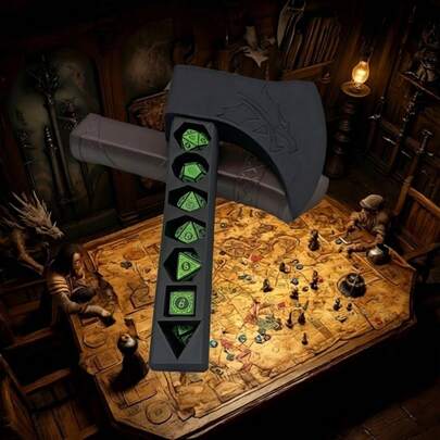 战斧骰子收纳盒，内含一套骰子，剑形骰子收纳盒，适用于角色扮演游戏，标准/大型多面骰子套装，适合14岁以上玩家，创意万圣节圣诞节节日礼物