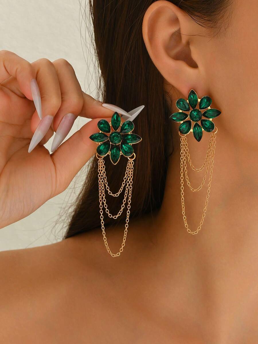 1 Pair Elegant Green Crystal Flower & Tassel Line Earrings, Fashionable Luxury Versatile Earrings Suitable For Daily Wear, Celebrations And Gifting, Spring/Summer - Dark Green - View 1
