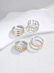 4pcs Stainless Steel Ombre Gold Open Ring Set, Suitable For Women Wear Or Gift - Yellow Gold - View 3