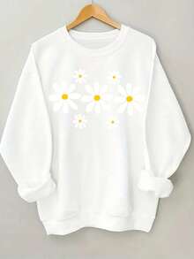 Sweatshirt Letter Print Plus Size Ladies Round Neck Sweatshirt, Long Sleeve Comfortable Cotton Sweatshirt - White - View 13