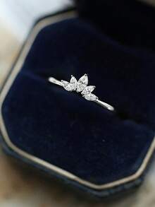 BALMORA 1pc Minimalist Versatile 925 Sterling Silver Cubic Zirconia Flower & Lotus Ring, Delicate Everyday Wear - Silver - View 3