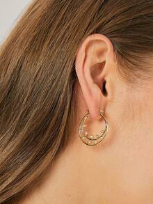Women's Gold-Plated Double-Layer Hoop Earrings With Leaf-Shaped Zirconia Accents, Minimalist Elegant Style, Suitable For Daily Commute And Work Outfits, An Ideal Gift For Fashion Enthusiasts - Gold - View 4