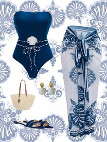 Allurini Bộ đồ bơi liền thân phong cách Boho thanh lịch dành cho nữ với dây đeo mảnh, chi tiết thắt lưng hình vỏ sò và chân váy xẻ tà co giãn cao, hơi xuyên thấu, thích hợp cho kỳ nghỉ. - Màu xanh hải quân - Xem 7