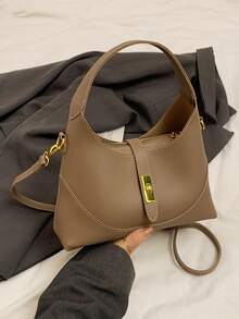 1pc Khaki Solid Color PU Handbag - Khaki - View 4