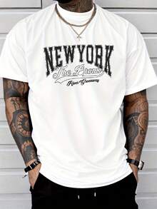 New York' Creative Print Men's Casual T-Shirt, Summer Fashion Crew Neck Short Sleeve Top, Modern Streetwear Style For Men - Blanc - Voir 1