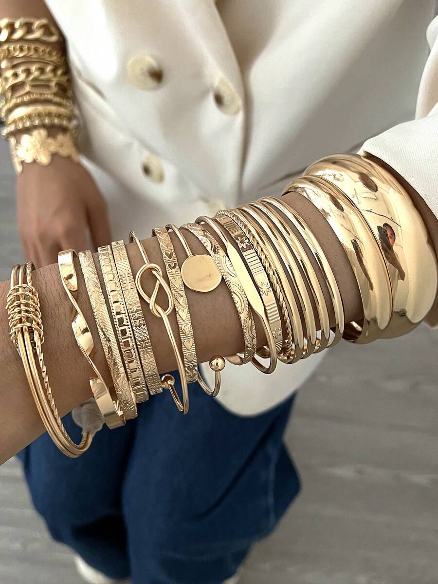 1 Set 12pcs Fashion Minimalist Elegant Exquisite Vintage Design Multi-Layer Stackable Old Money Style Geometric Ribbon Heart Face Embossed Texture Twisted Bead Cross Braided Disc Smooth Minimalist Plain Metal Bangle Bracelet Set For Holiday Vacation Party Date Gift Daily Commute Wear (Randomly Shipped) - Yellow Gold - View 1