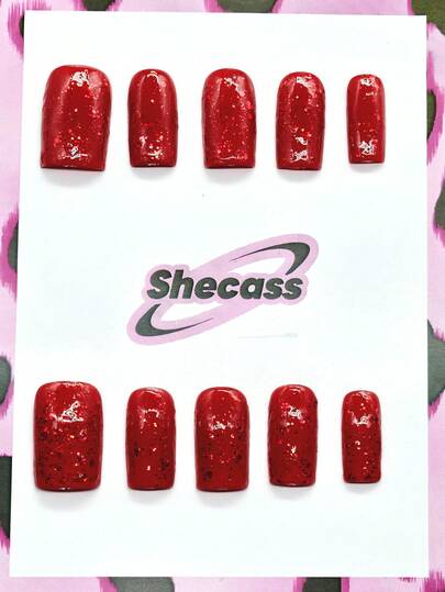 10片方形手工美甲贴片，Y2K酷炫风格，裸色和红色，适合情人节派对和音乐节，适合女性和女孩，包含美甲工具，是送给男士的绝佳礼物。