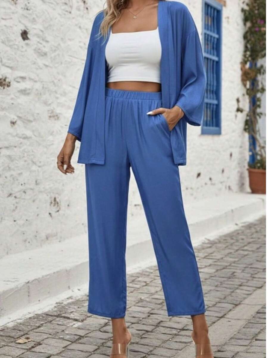 Woman Blue Relaxed Two Piece Set – Open Front Jacket & Elastic Waist Pants - Blue - View 1