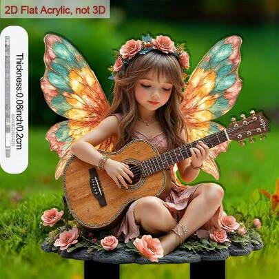 2D 平面，1 件装仙女主题亚克力花园插杆，底部尖头 - 2D 平面户外花盆装饰，迷你仙女雕像弹吉他，经久耐用，易于安装，适用于花园、阳台、庭院装饰（兼容 2D 平面）