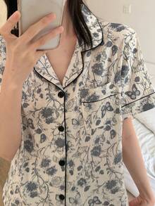 2pcs/Set Women's Ditsy Floral Cardigan Short Sleeve Shorts Pajama Set, Spring/Summer - Navy Blue - View 5