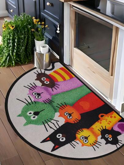 1件装 2D 平面卡通猫咪门垫，半圆形浴室门垫，猫咪主题门垫，室内/室外地毯，浴室垫，床边地毯，洗衣房地垫，厨房装饰用品，客厅装饰，卧室装饰，可机洗，装饰地垫，家居装饰，宠物友好型地垫，易清洁地垫，送给爱猫人士的礼物，乔迁礼物。