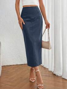Women's New Fall Faux Leather Maxi Skirt, High Waist, Elegant Casual Pencil Maxi Skirt Slit Design New Years Valentine Vacation Skirt - Xanh nước biển - Xem 3