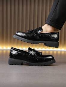 Men's Personalized Dress Loafers - Slip-On Fringe Patent Leather Elevator Dress Shoes For Teens, Hairstylists & Casual Fashion - 黑色 - 查看 5