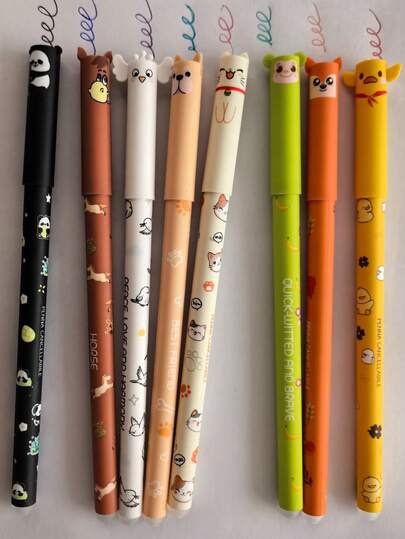 8pcs/Set Cute Panda, Puppy, Horse, Deer, Cat Shaped Erasable Gel Pens, Assorted Cartoon Animal Design, 0.5mm Tip, Refillable, Office Supplies, Gift For Holiday And Birthday