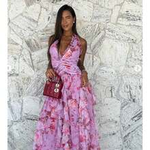 Slim And Thin Temperament Gentle Style Fashion Printed Pleated Waist Dress - màu hồng tím - Xem 4