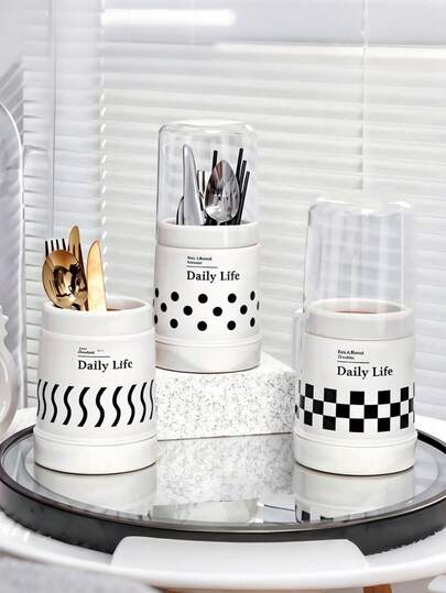 1 pieza Soporte creativo de almacenamiento de cubiertos y palillos en blanco y negro, cesta de almacenamiento de utensilios de cocina para el hogar, soporte multifuncional para palillos y raquetas con drenaje, caja de almacenamiento de cubiertos con tapa; caja de almacenamiento de palillos y cubiertos con drenaje, hecha de material PP duradero, perfecta para uso doméstico y de restaurante
