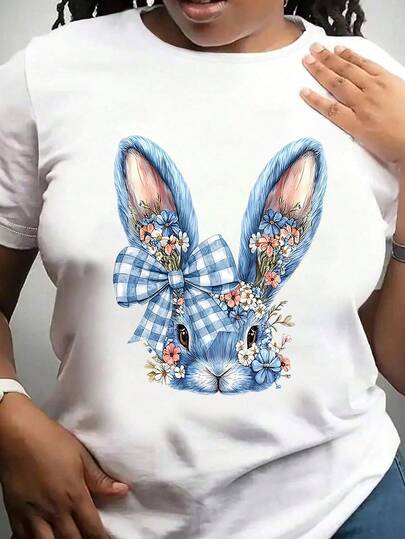 Plus Size Women's Daily Easter Blue And White Checkered Bow Hand-Painted Spring Romantic Bunny And Flower Pattern Round Neck Short Sleeve Casual Spring/Summer/Fall Plus-Size T-Shirt Valentine's Day/Back-To-School Summer,Summer Outfits,,Summer Clothes,Summer Holiday Outfits,Summer Tops Tops For Women/Vacation Outfits Women,Valentine Outfits For Women,Summer Outfits For Women,Summer Outfits,Spring Outfits For Women